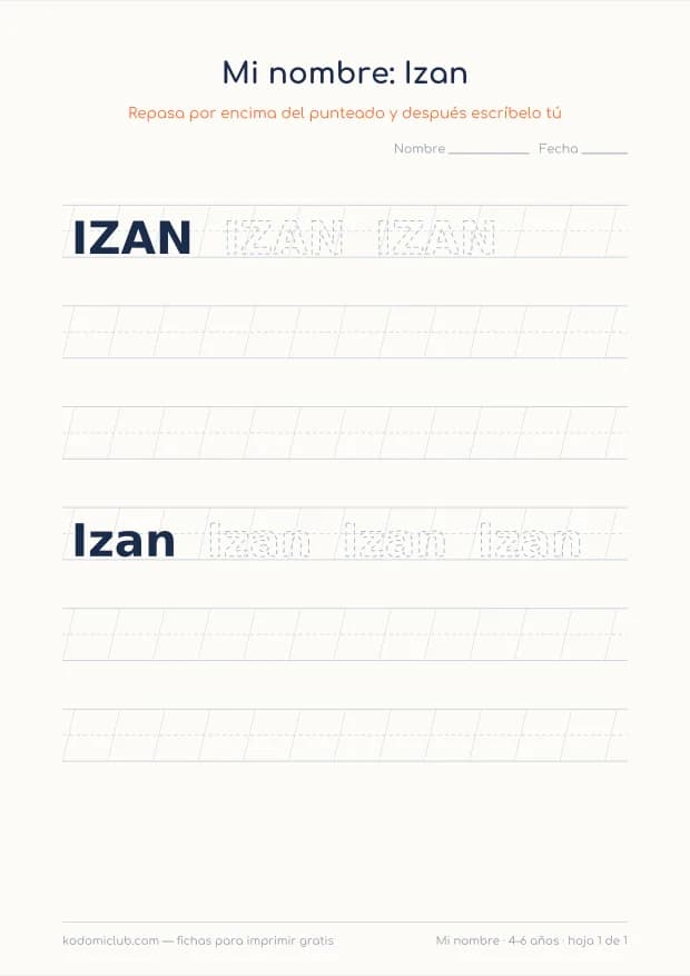 Ficha del nombre Izan, hoja 1
