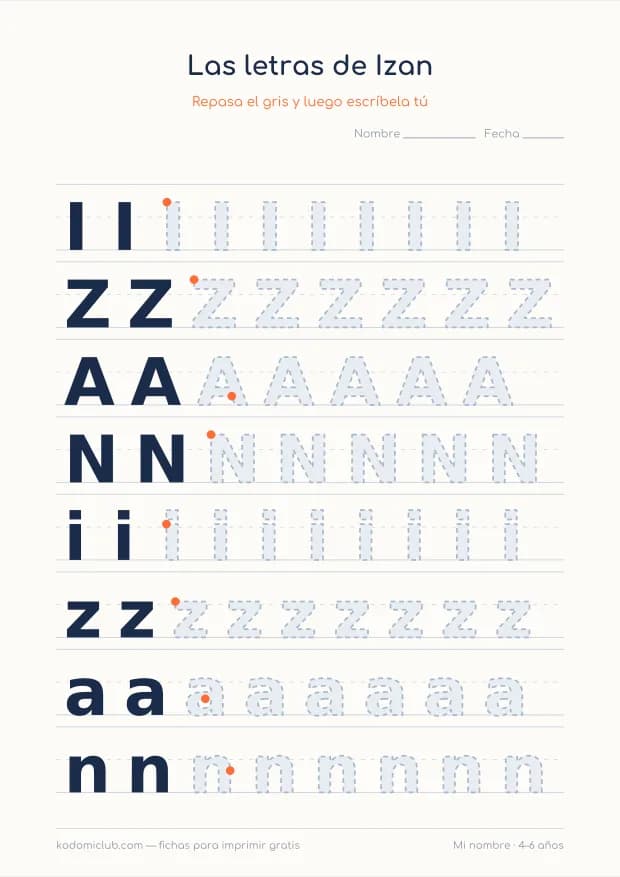 Ficha del nombre Izan, hoja 2