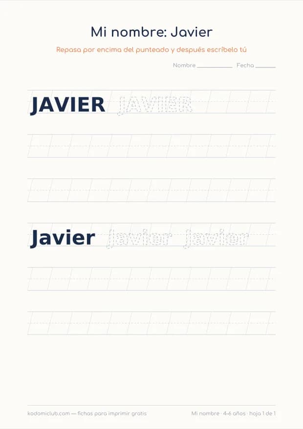 Ficha del nombre Javier, hoja 1