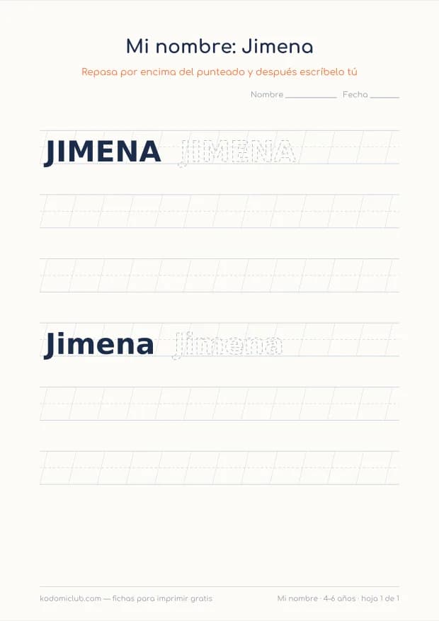 Ficha del nombre Jimena, hoja 1