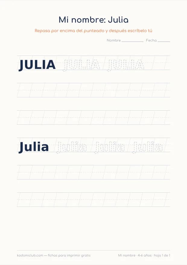 Ficha del nombre Julia, hoja 1