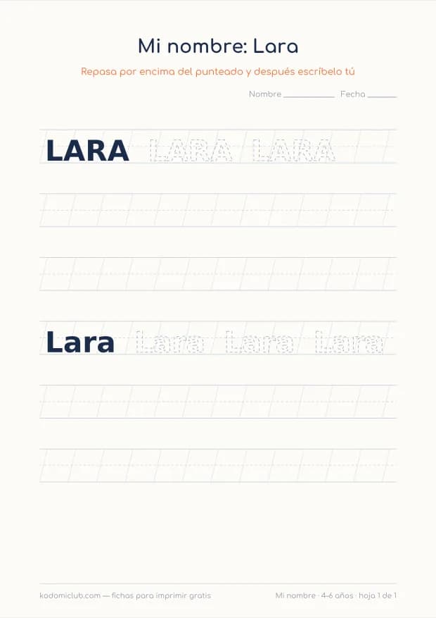Ficha del nombre Lara, hoja 1