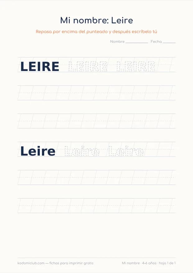 Ficha del nombre Leire, hoja 1