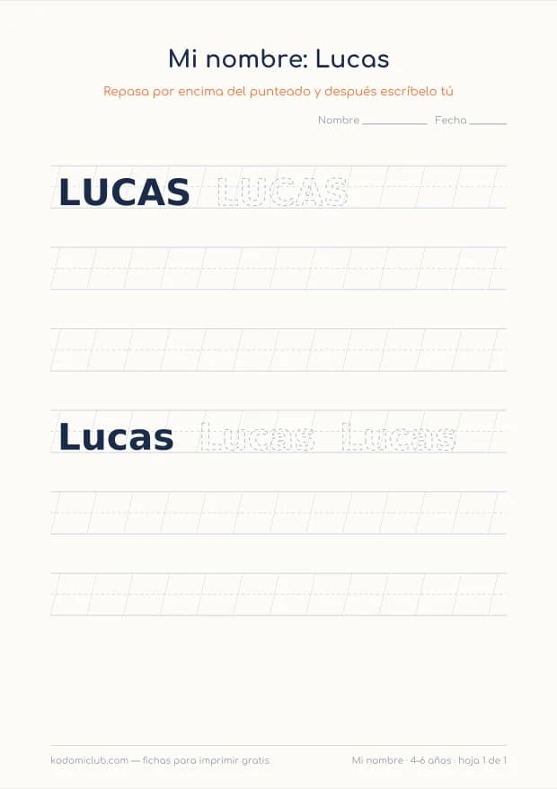 Ficha del nombre Lucas, hoja 1