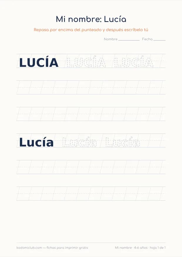 Ficha del nombre Lucía, hoja 1
