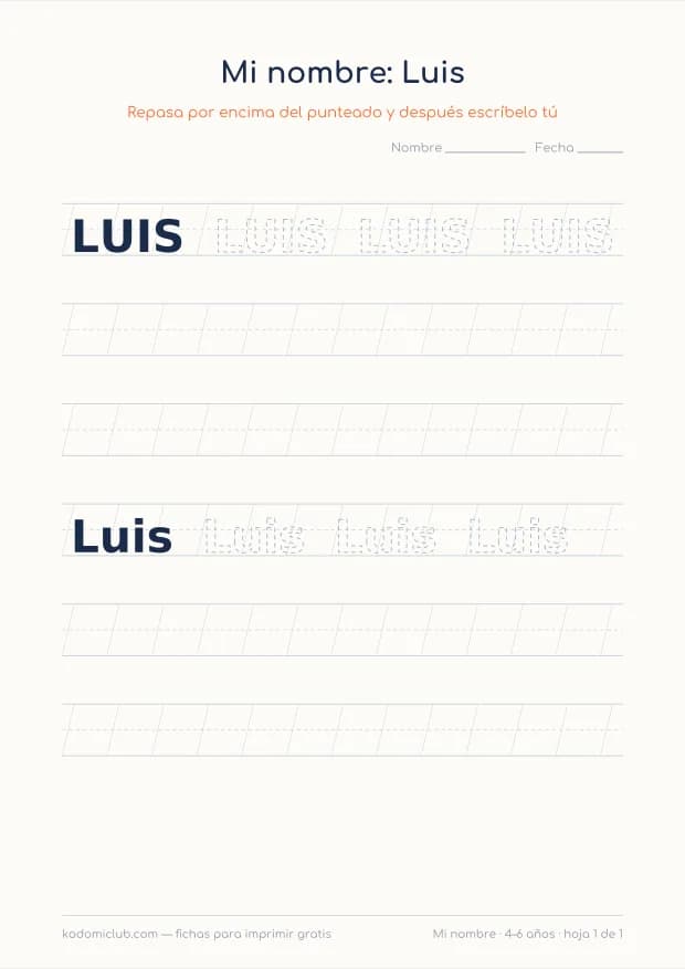 Ficha del nombre Luis, hoja 1