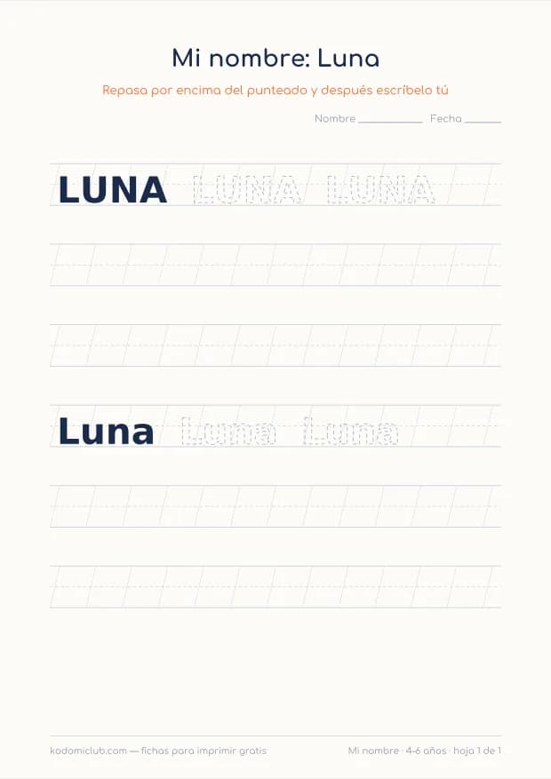 Ficha del nombre Luna, hoja 1