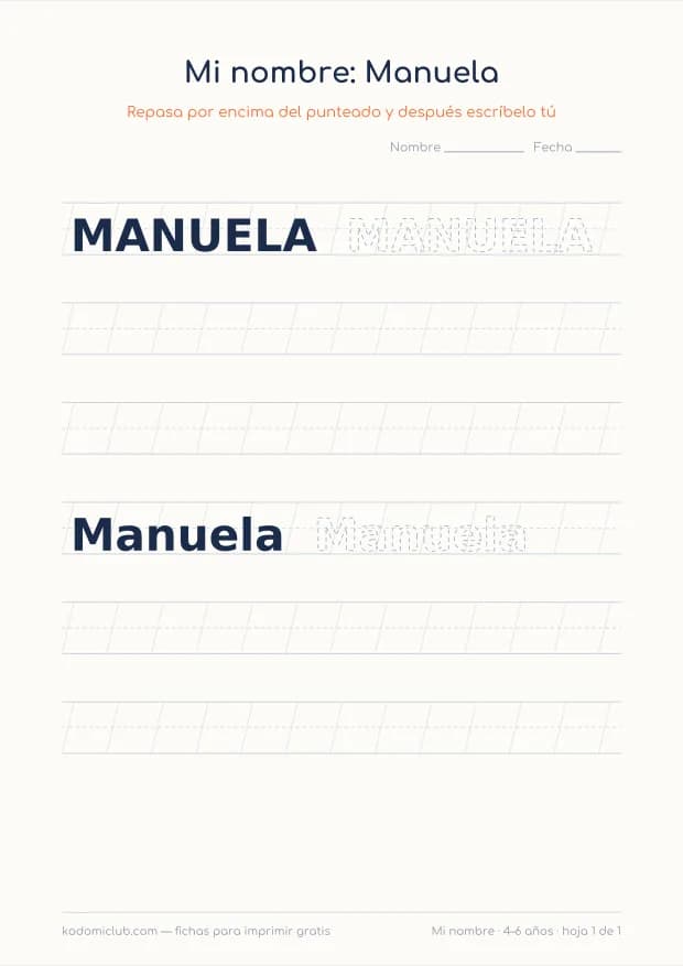 Ficha del nombre Manuela, hoja 1