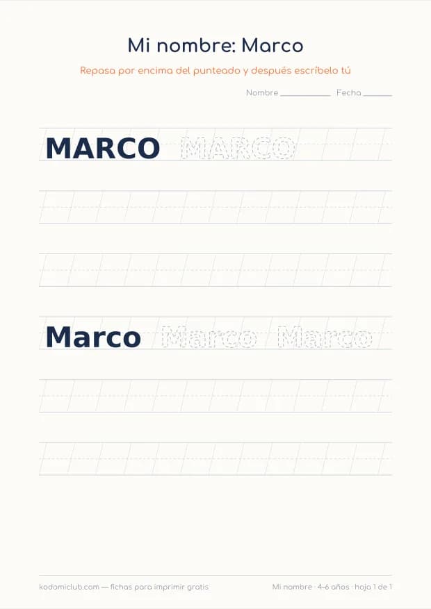 Ficha del nombre Marco, hoja 1