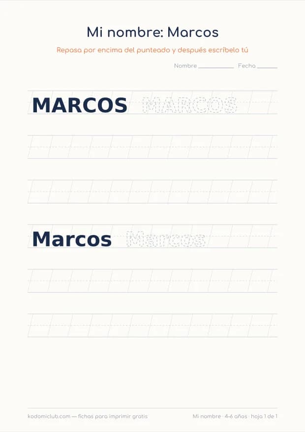 Ficha del nombre Marcos, hoja 1