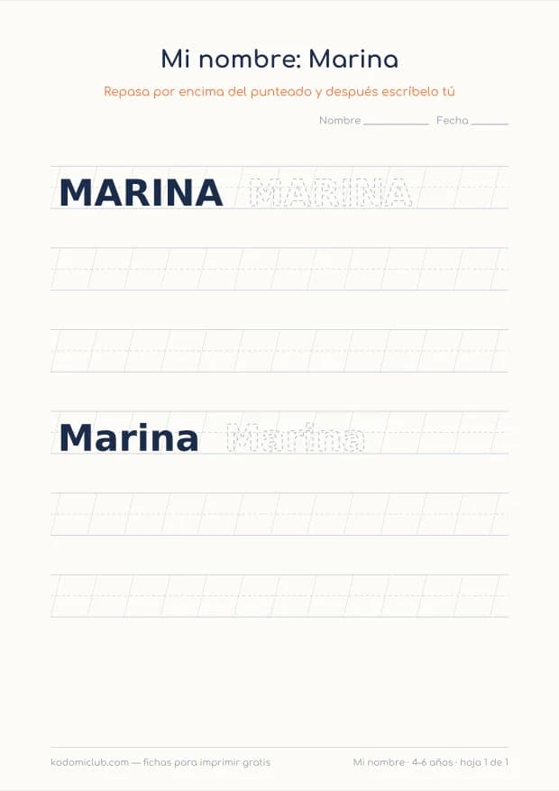 Ficha del nombre Marina, hoja 1
