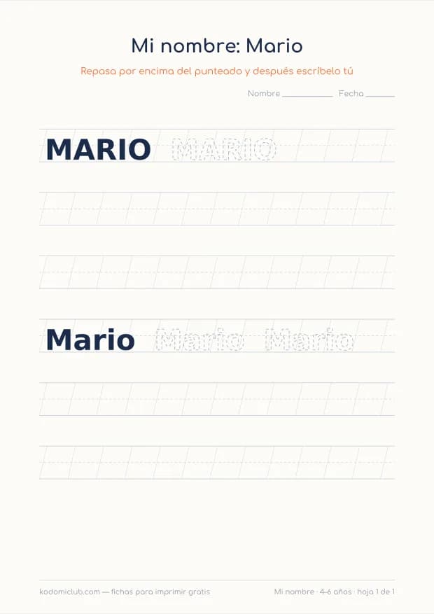 Ficha del nombre Mario, hoja 1