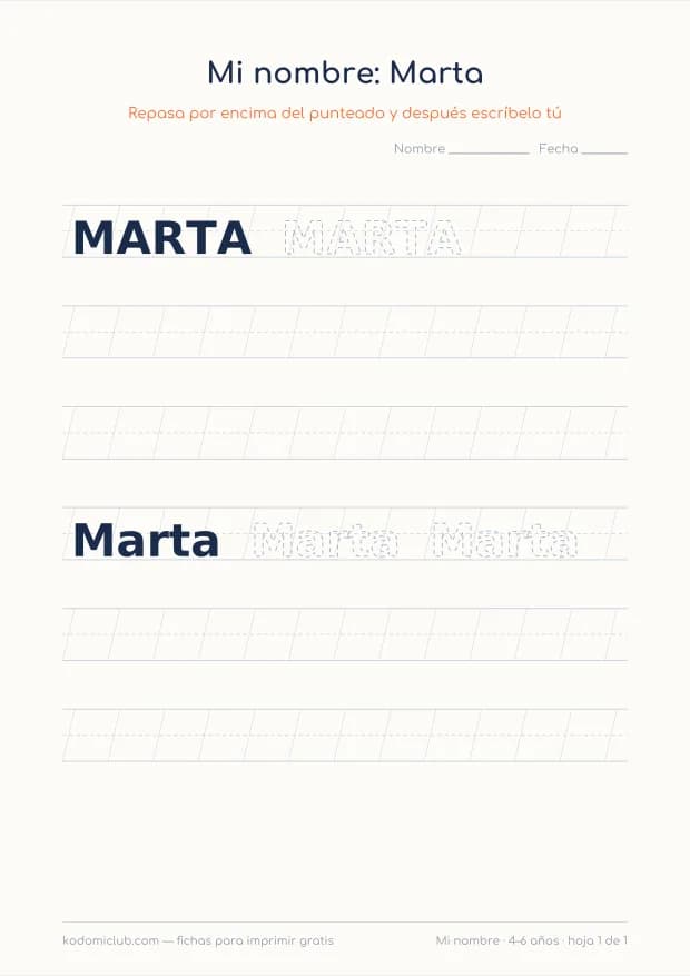 Ficha del nombre Marta, hoja 1