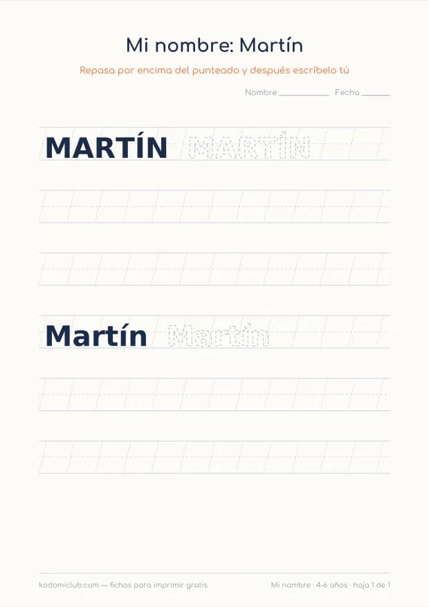 Ficha del nombre Martín, hoja 1