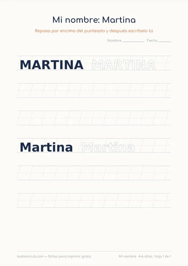 Ficha del nombre Martina, hoja 1
