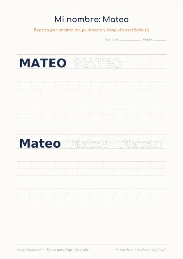 Ficha del nombre Mateo, hoja 1