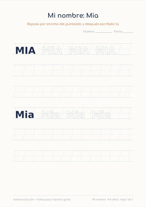Ficha del nombre Mia, hoja 1