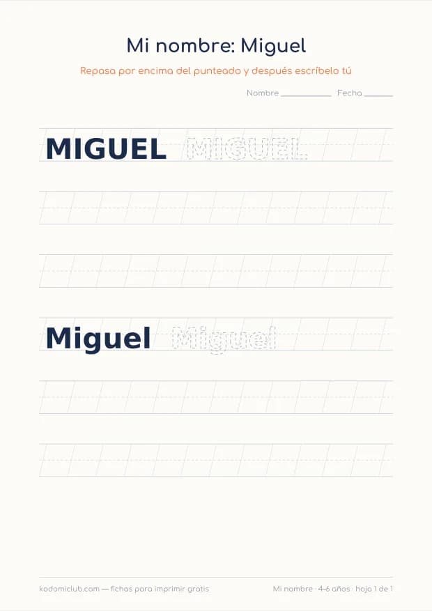 Ficha del nombre Miguel, hoja 1