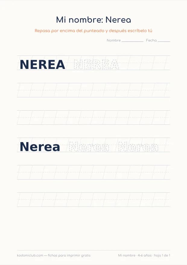 Ficha del nombre Nerea, hoja 1
