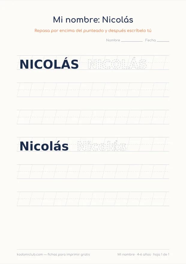 Ficha del nombre Nicolás, hoja 1