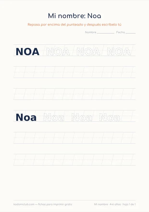 Ficha del nombre Noa, hoja 1