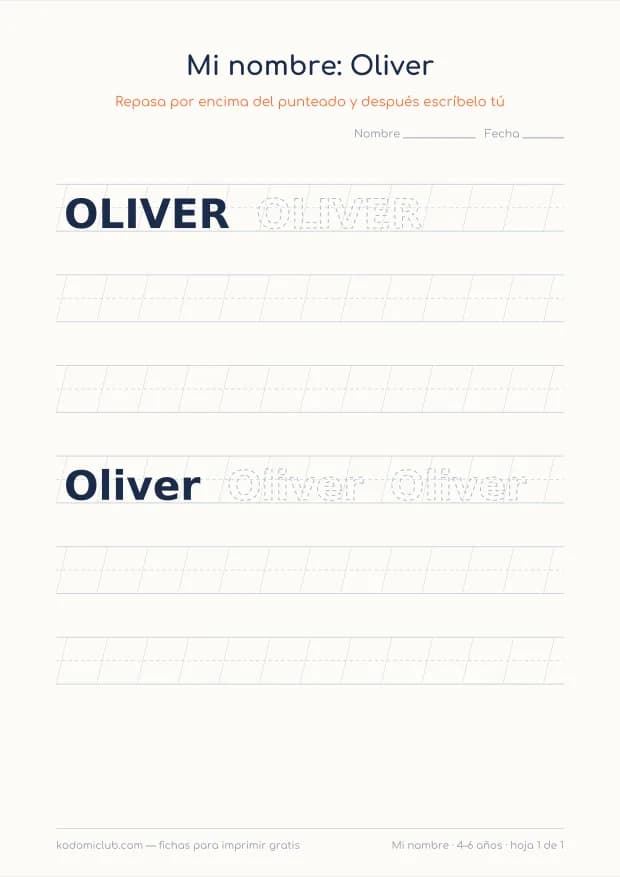 Ficha del nombre Oliver, hoja 1