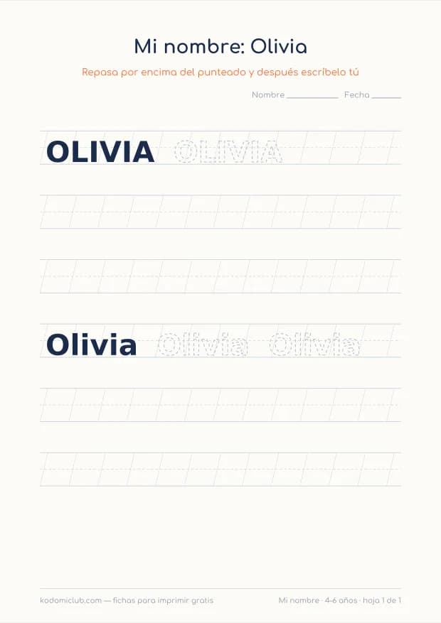 Ficha del nombre Olivia, hoja 1