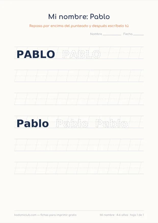 Ficha del nombre Pablo, hoja 1
