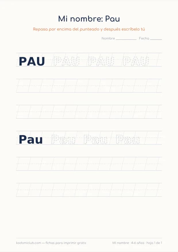 Ficha del nombre Pau, hoja 1