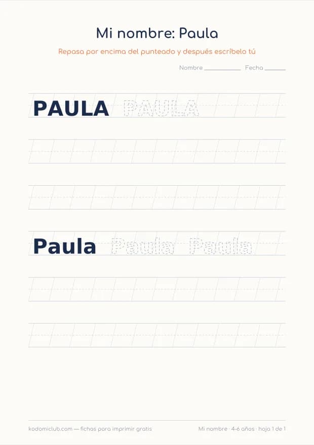 Ficha del nombre Paula, hoja 1