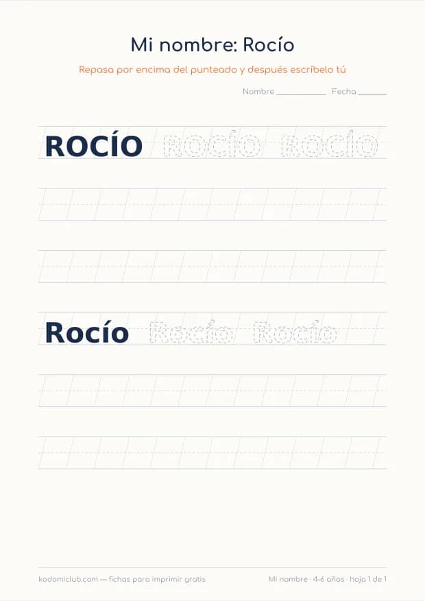 Ficha del nombre Rocío, hoja 1