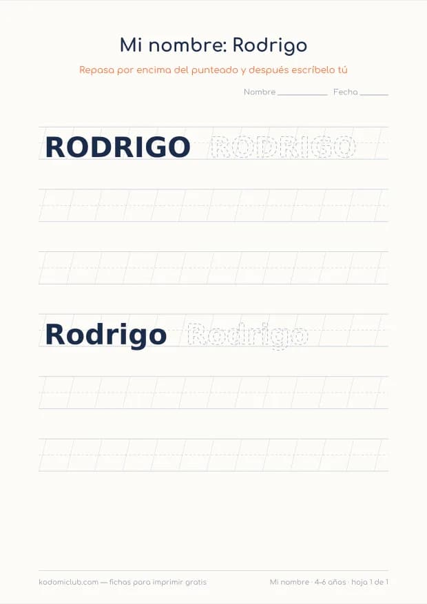 Ficha del nombre Rodrigo, hoja 1