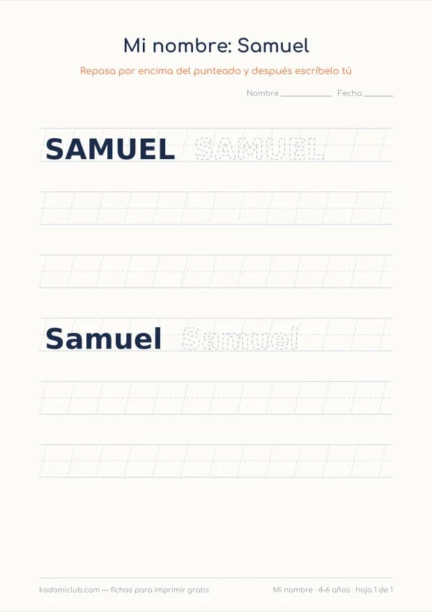 Ficha del nombre Samuel, hoja 1