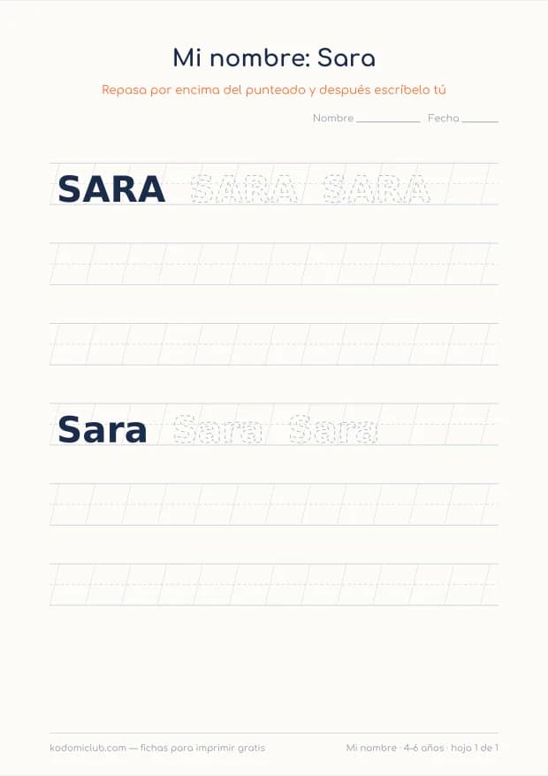 Ficha del nombre Sara, hoja 1