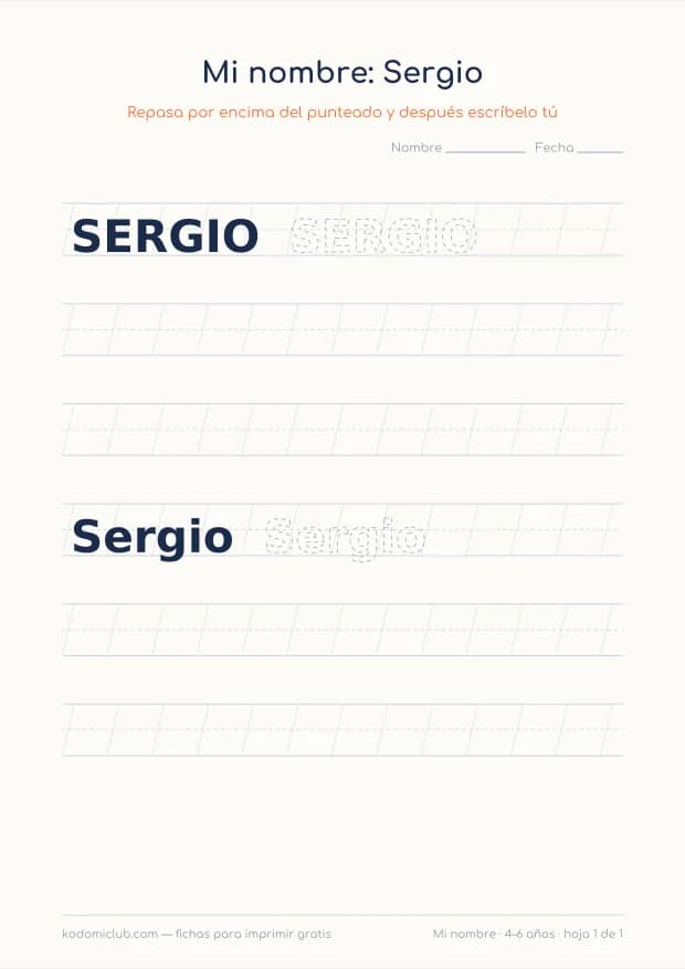 Ficha del nombre Sergio, hoja 1