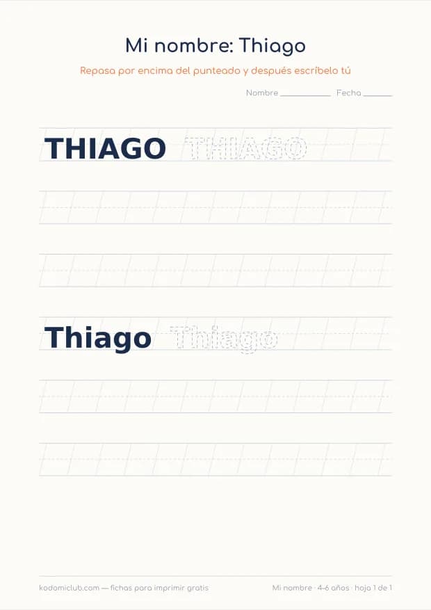 Ficha del nombre Thiago, hoja 1