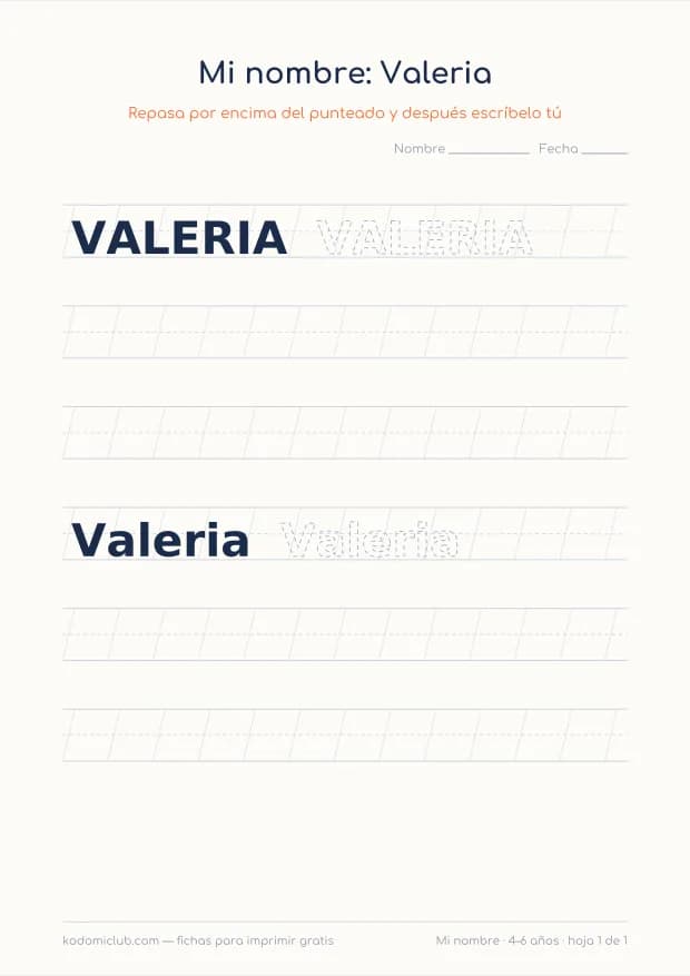 Ficha del nombre Valeria, hoja 1