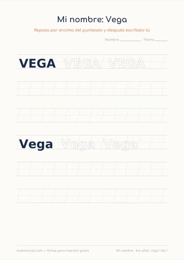 Ficha del nombre Vega, hoja 1