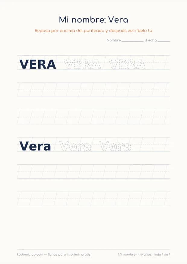 Ficha del nombre Vera, hoja 1