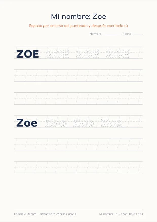 Ficha del nombre Zoe, hoja 1