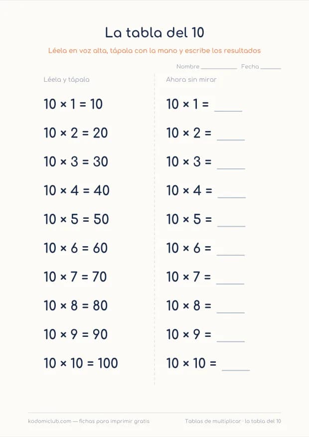 La tabla del 10 para imprimir, hoja 1