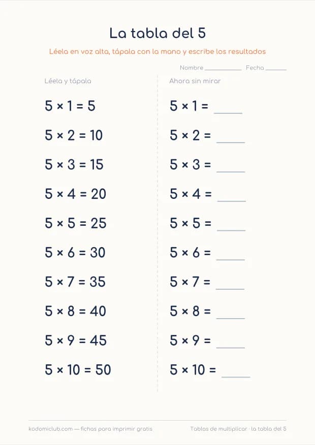 La tabla del 5 para imprimir, hoja 1