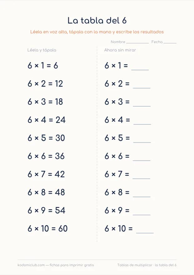 La tabla del 6 para imprimir, hoja 1