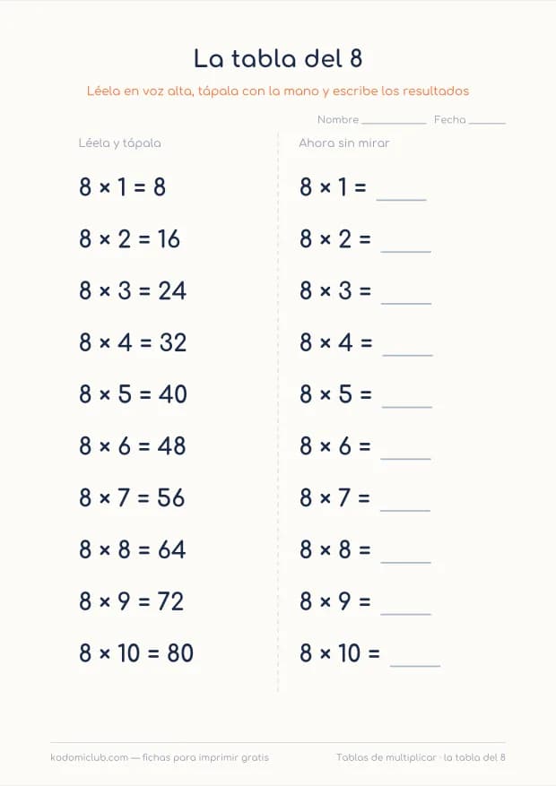 La tabla del 8 para imprimir, hoja 1