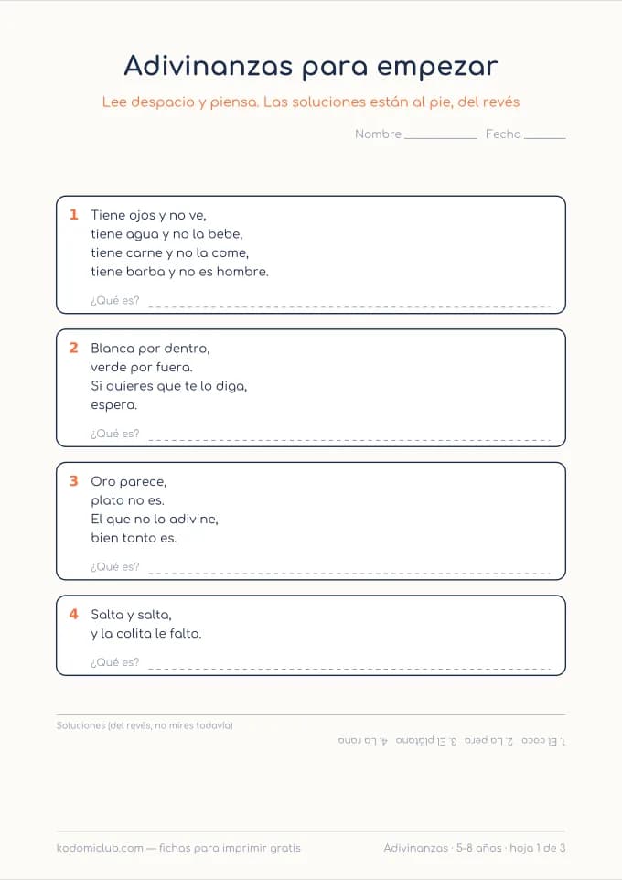 Adivinanzas. Ficha para imprimir, 5–8 años