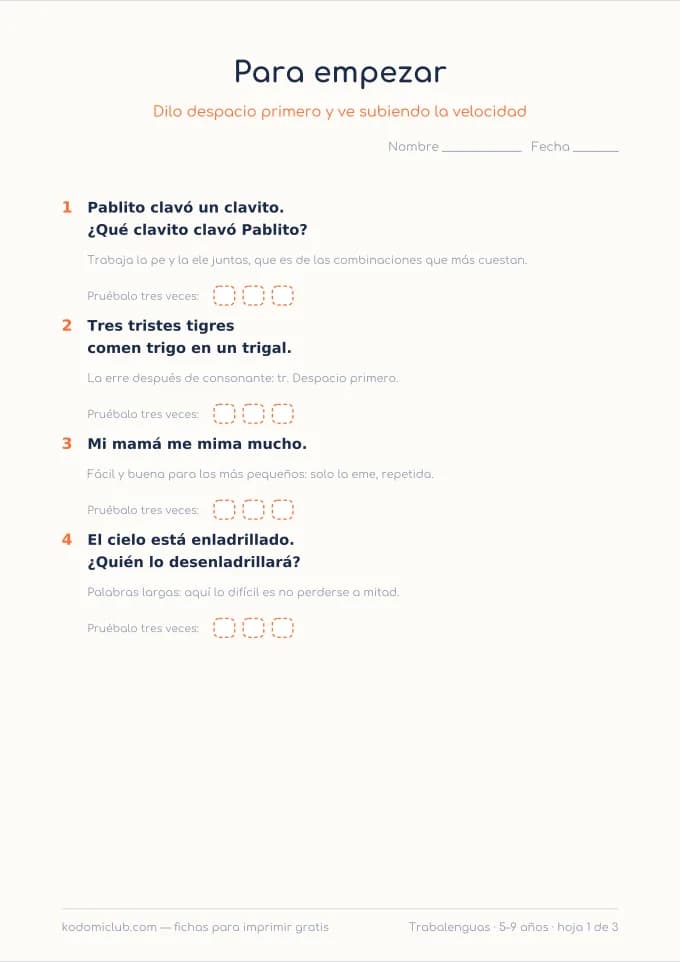 Trabalenguas. Ficha para imprimir, 5–9 años