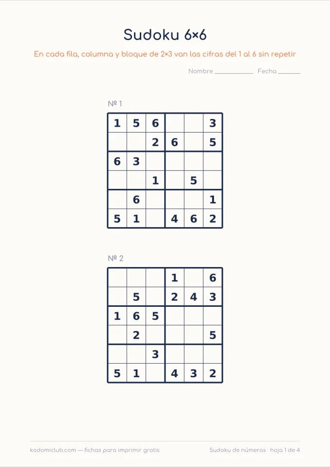 Sudoku de números, hoja 1